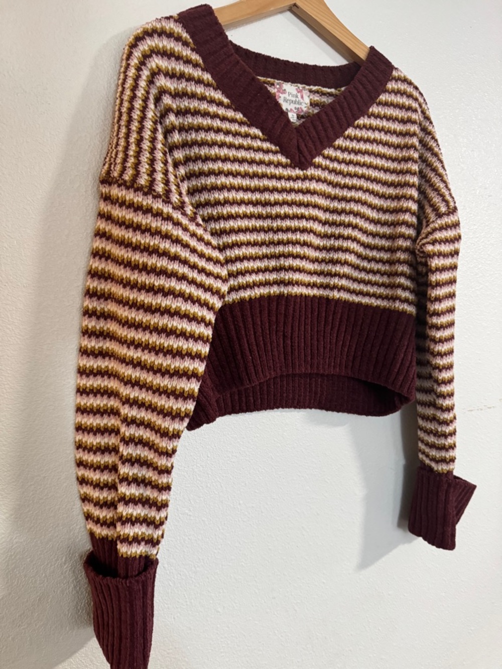 Pink Republic Striped V-Neck Sweater in Burgundy, Cream & Mustard cropped - Picture 3 of 7